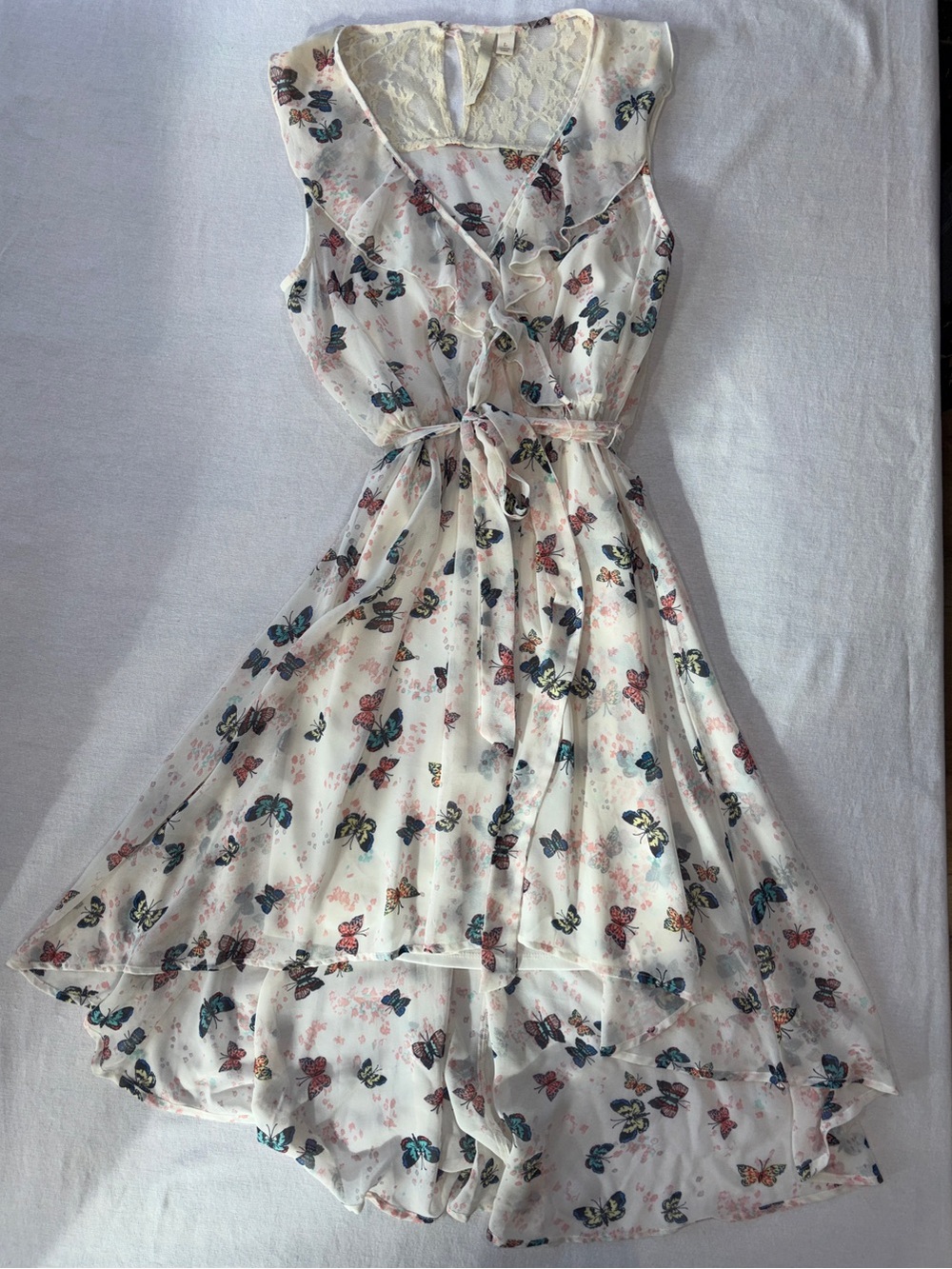 Butterfly Print Ivory Hi-Low Wrap Dress with Tie Waist